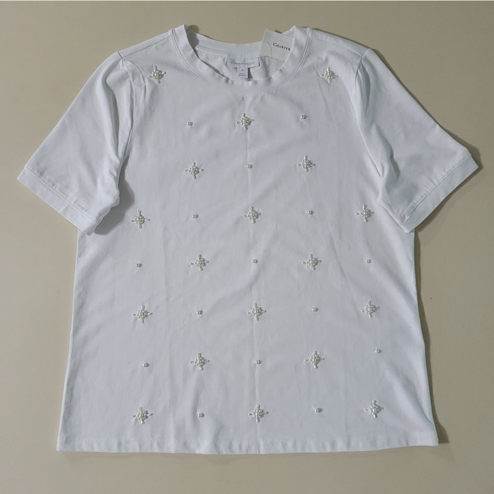 Charter Club Women's Bright White Pearl Embellished Short Sleeve Crewneck Top